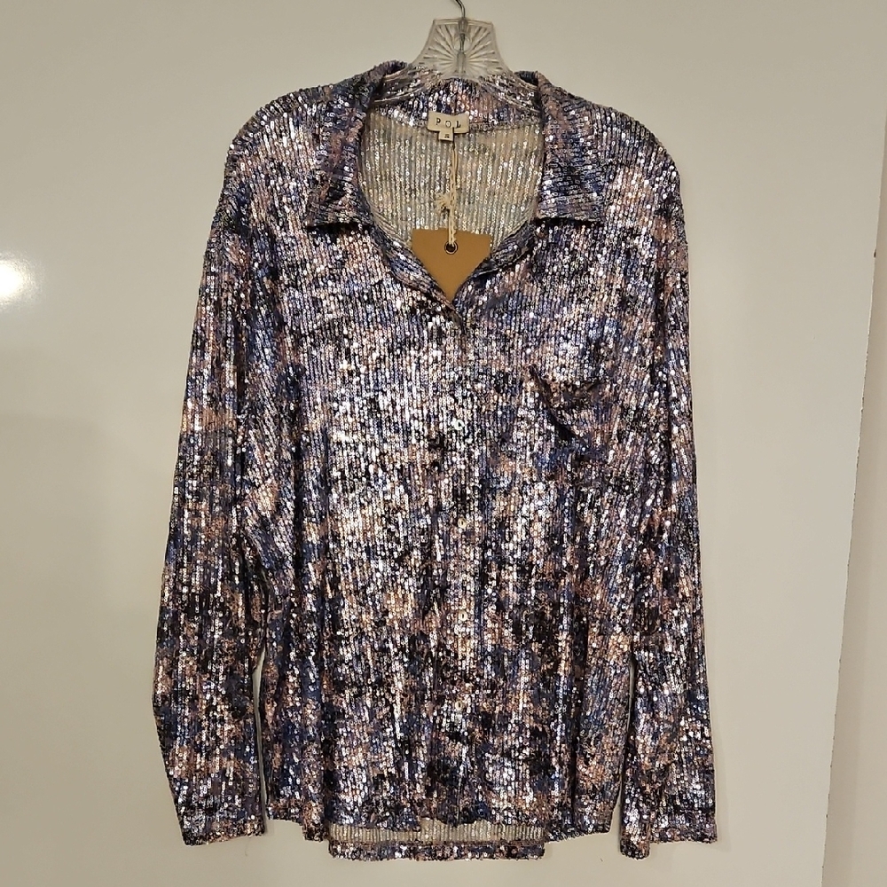 POL Lavender sequin button down long sleeve shirt tunic top Sm. But OS fits to L